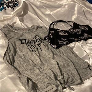 Gray Sleeveless Top and Black Butterfly Print Bralette